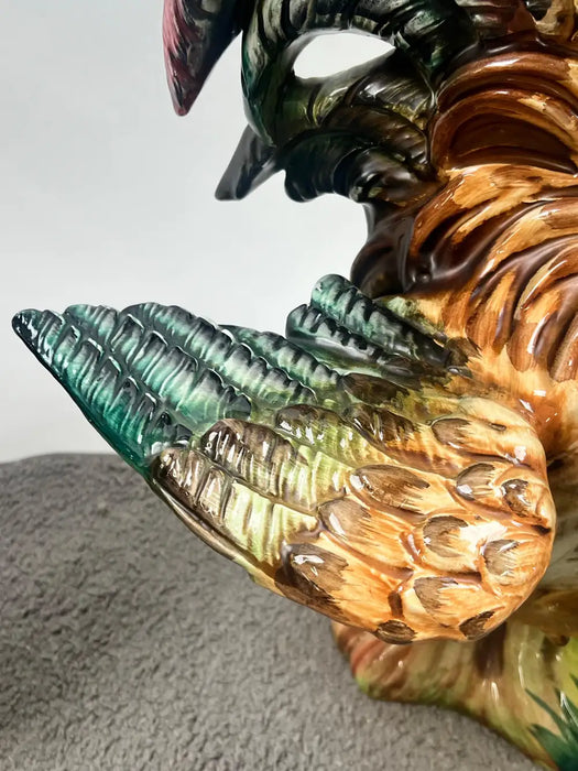 Vintage Hand-Painted Italian Majolica Ceramic Fighting Rooster Sculpture, a Pair 1980's