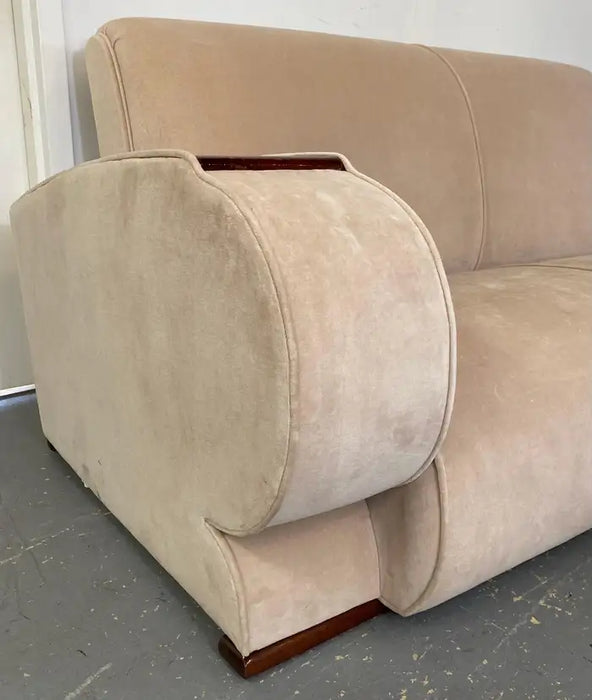 French Art Deco Sofa or Settee with Beige Velvet Upholstery & Rosewood Armrests