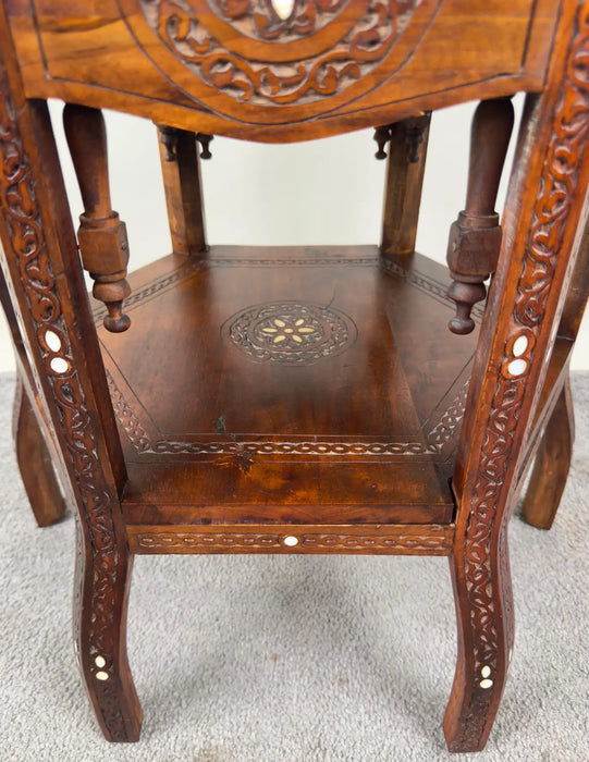 Vintage Syrian Hexagonal Walnut and Bone inlay Hand -Carved Center of End Table