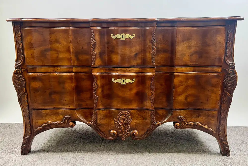 John Widdicomb French Provincial Bombe Serpentine Burl Walnut Commode Dresser