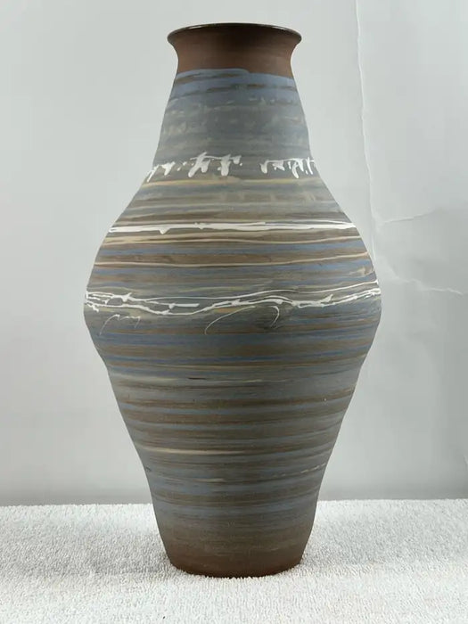 Vintage Handmade Pottery Vase with Blue & Earth-Tone Swirl Glaze