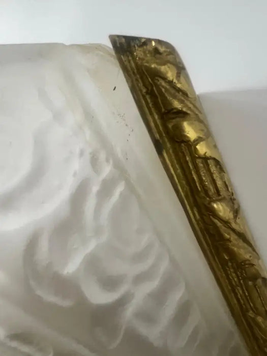 French Art Deco Brass & Frosted Glass Shield Shaped Wall sconce, a Pair