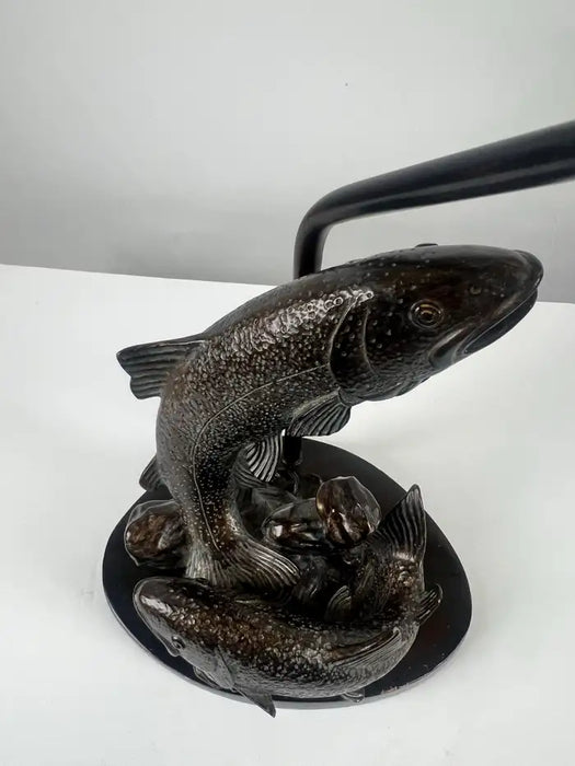 Rustic Style Flying Trout Table Lamp with Bronzed Base and Faux Leather Shade