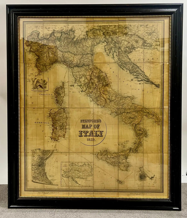 Large Vintage Antiqued Stanford Map of Italy in Black & Gold Frame 1990's