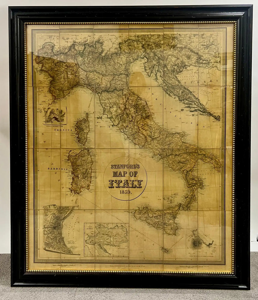 Large Vintage Antiqued Stanford Map of Italy in Black & Gold Frame 1990's