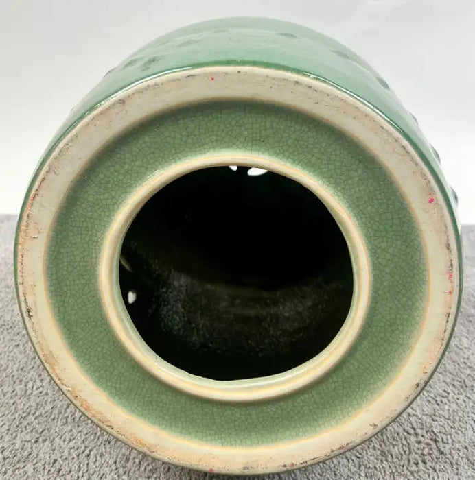 Vintage Chinoiserie Emerald Green Glazed Ceramic Drum Garden Stool or Pedestal