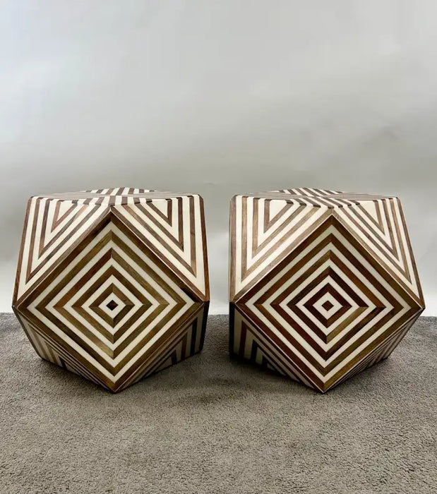 Art Deco Style Brown & White Sculptural Resin & Walnut Side or End Table, a Pair