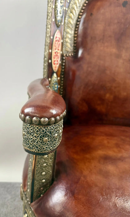 Portuguese Colonial Style Leather & Filigree Design Throne Chair