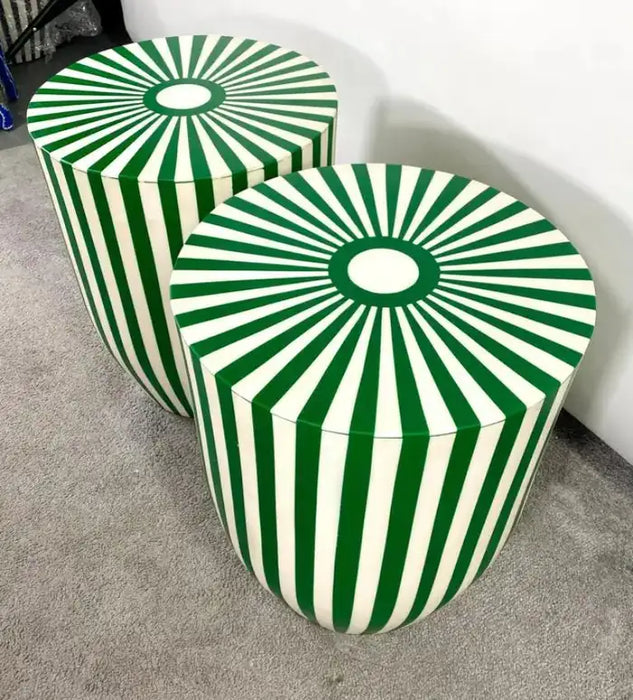 Art Deco Style Green & White Cylindrical Resin Side, End Table or Stool, a Pair