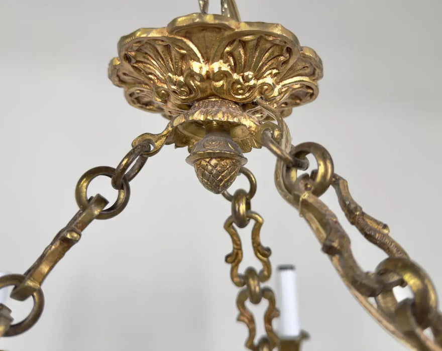 French Empire Style Ormolu Bronze Chandelier with Cut Crystal Bowl, 6 Arms