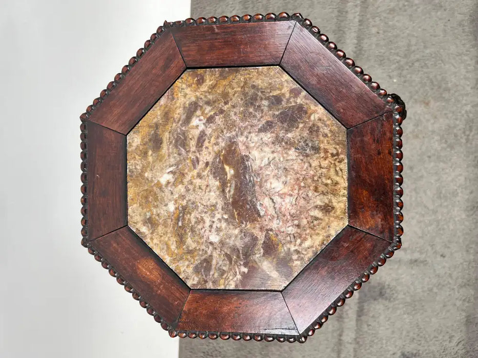 Antique Chinese Rosewood Hand Carved Octagonal w Marble Insert Pedestal or Table