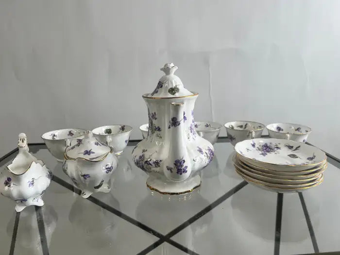Hammersley “Victorian Violets” English Bone China Tea Set w Gold Trim, 15 pcs