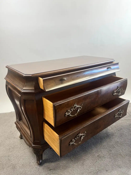 Karges Louis XVI Style Bombe Burl Walnut Three-Drawer Commode or Chest, 1980's