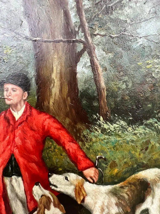 English Sporting Style Oil Painting, Huntsman & Hounds, Ornate Gilt Frame 1980's