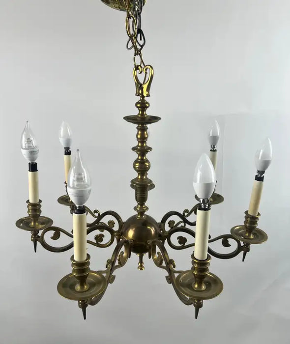 French Louis XVI Revival Style Brass Chandelier - 6 Arms