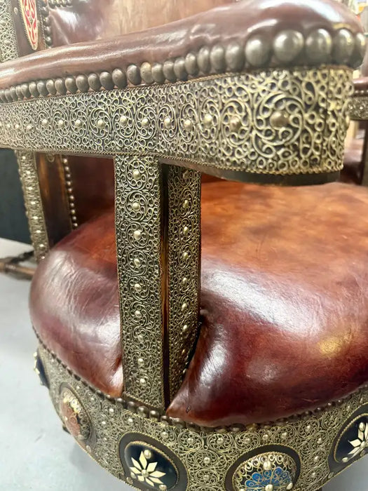 Portuguese Colonial Style Leather & Filigree Design Throne Chair