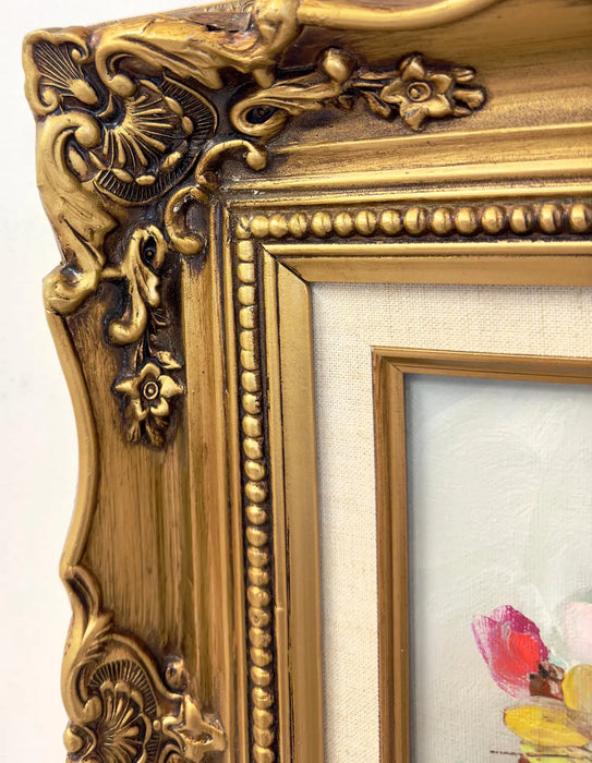 Still Life Flowers Oil on Canvas Painting in Custom Gilt Frame, Signed C.Johnson