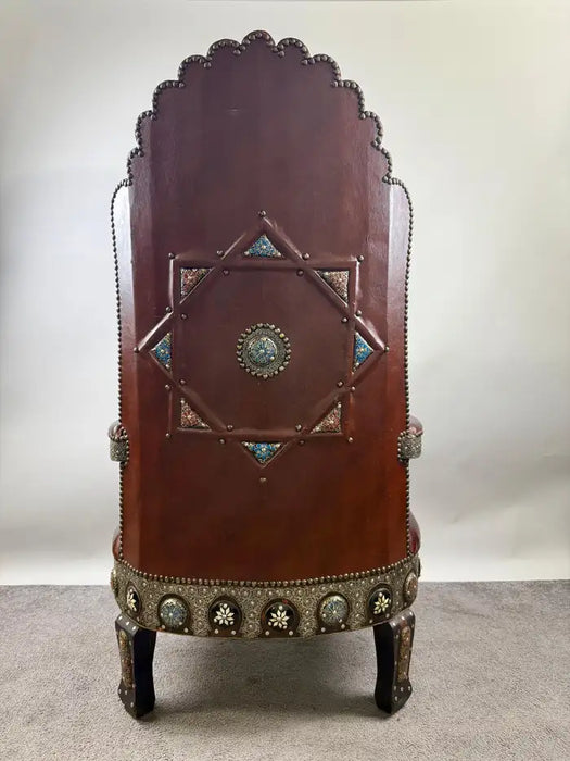 Portuguese Colonial Style Leather & Filigree Design Throne Chair