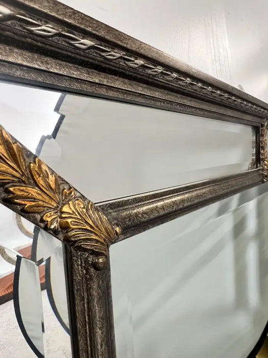 Hollywood Regency Style Beveled Multi-Panel Mirror with Rope & Gilt Leaf Design
