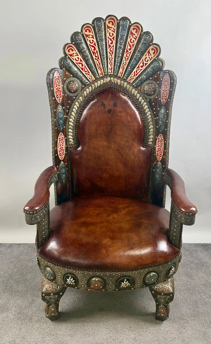 Portuguese Colonial Style Leather & Filigree Design Throne Chair