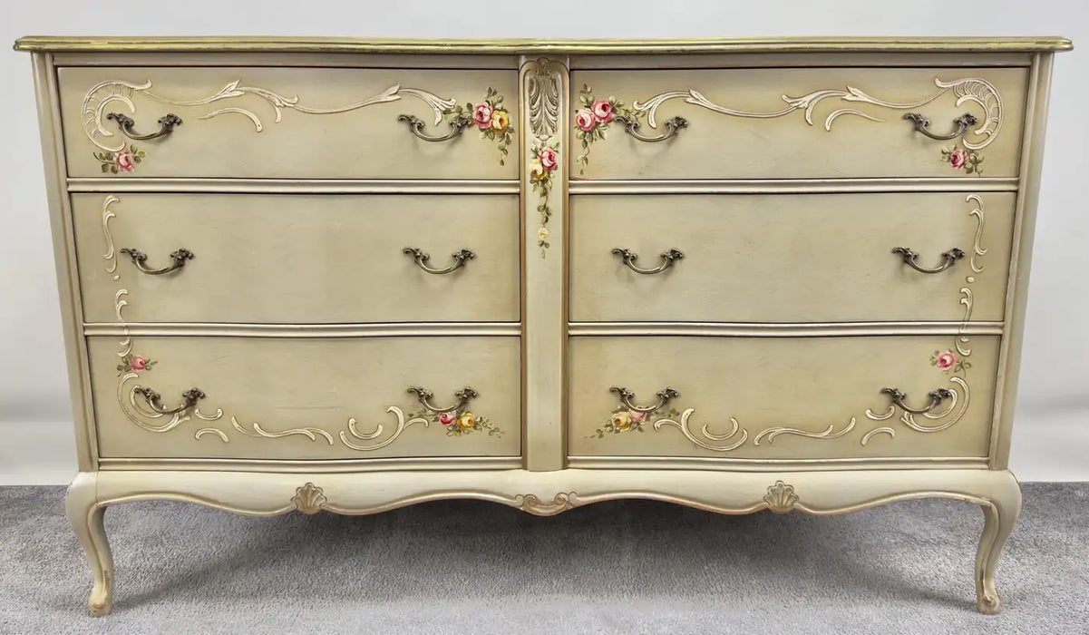 French Provincial Hand Painted Commode or Chest of Drawers with Floral Design