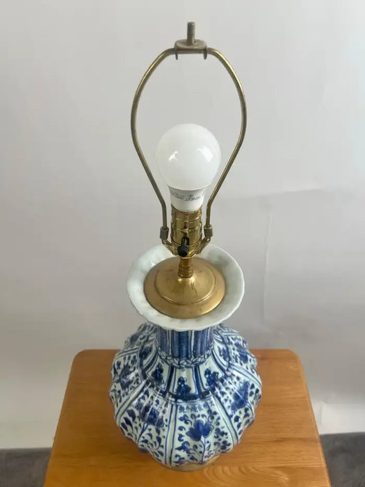 Oriental Chinese Ming Dynasty Style Blue & White Table Lamp w Org Shades, A pair