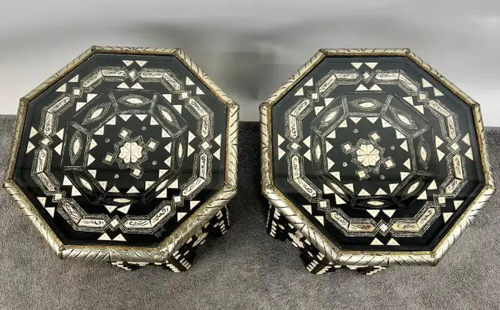 Moroccan Black & White Bone with Filigree Inlay Octagonal End Table, a Pair