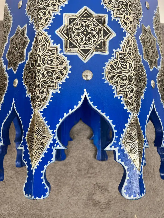 Boho Chic Moroccan Blue & Filigree Silver Design with White Leather Top Stool