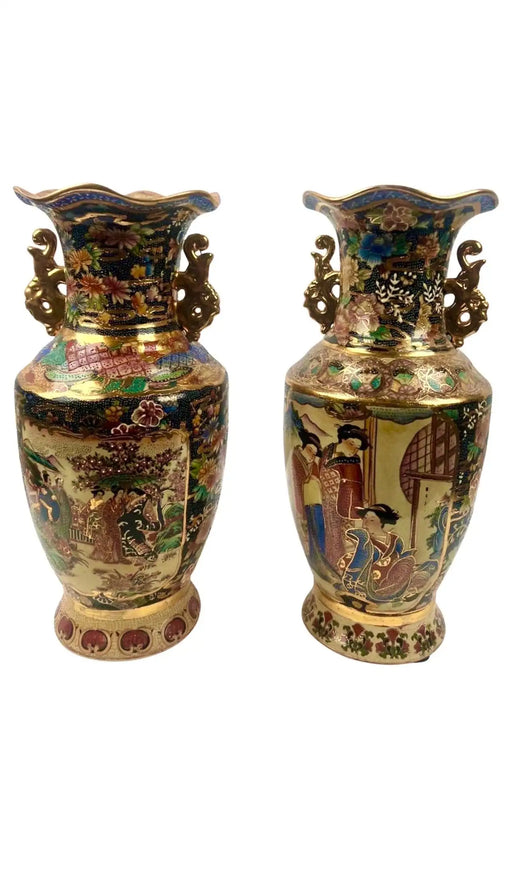 Vintage Royal Satsuma Japanese Hand-Painted Urn Style Vase, a Pair