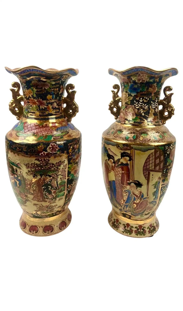 Vintage Royal Satsuma Japanese Hand-Painted Urn Style Vase, a Pair