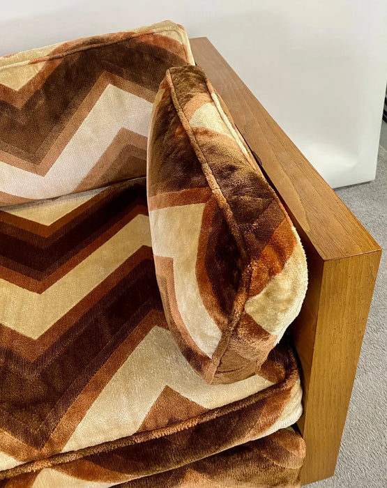 Mid-Century Modern Milo Baughman Burlwood Sofa in Lenor Larsen Style Upholstery