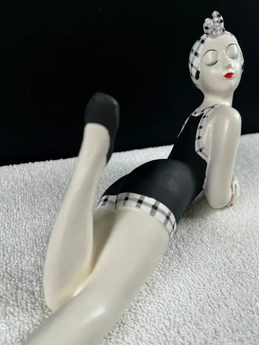 French Style Bathing Beauty Resin Figurine in Black & White Gingham Swimsuit