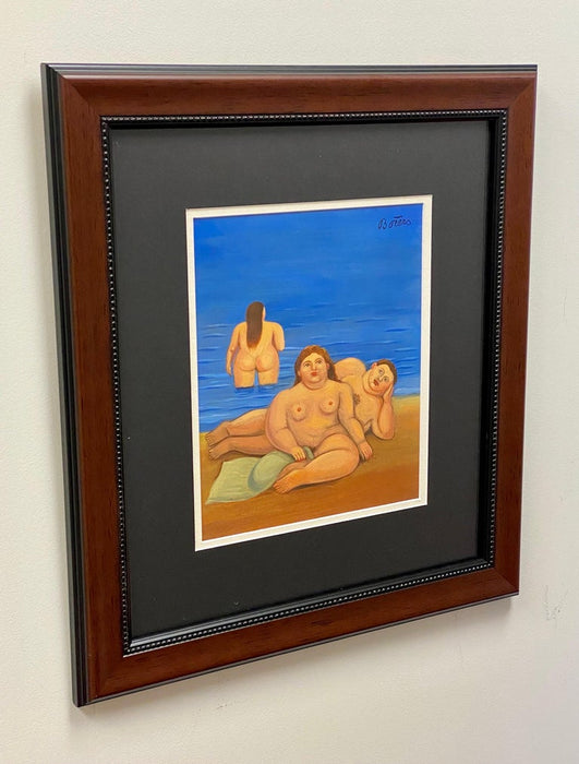 Fernando Botero Watercolor Painting, Man & Women at the Beach, Signed & Framed