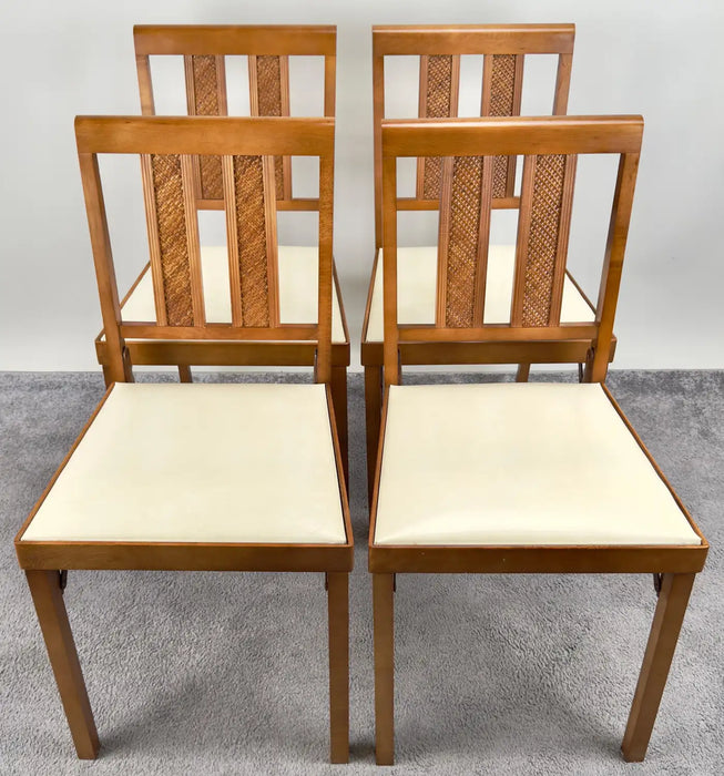 Mid Century Modern White Faux Leather and Carved Walnut Folding Chair, Set of 4