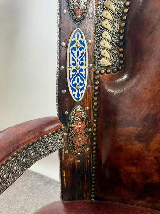 Portuguese Colonial Style Leather & Filigree Design Throne Chair