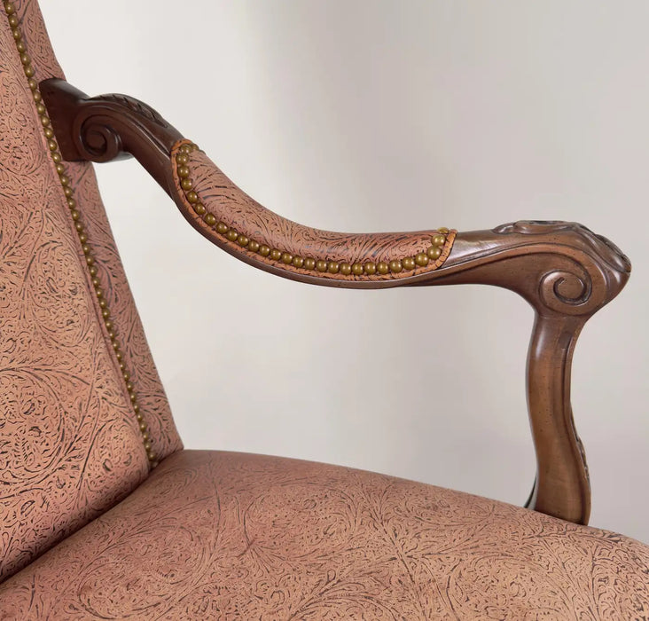 French Louis XV Style Mahogany Armchair with Embossed Salmon Pink Leather