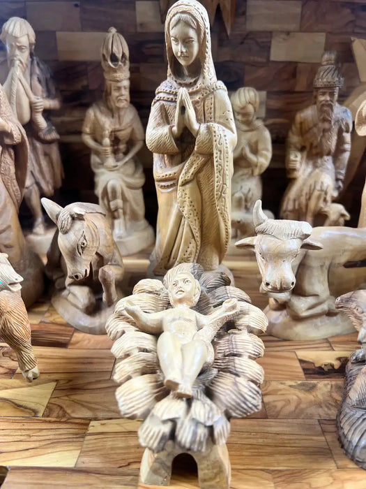 Religious Hand Carved Olive Wood Nativity Set with Stable, Holy Family, Wise Men