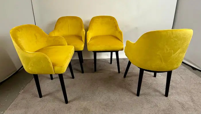 Mid Century Modern Style Yellow Velvet & Ebony Dining or Side Chair, Set of 4