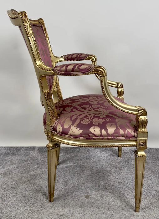 French Louis XVI Style Gilt & Plum Damask Pattern Upholstery Dining Chairs 10pcs