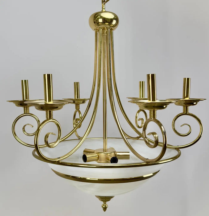 Art Deco Brass Chandelier with White Milk Frosted Glass Bottom Bowl, 6 Arms