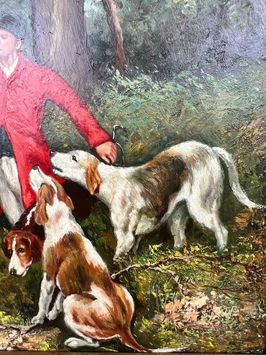 English Sporting Style Oil Painting, Huntsman & Hounds, Ornate Gilt Frame 1980's