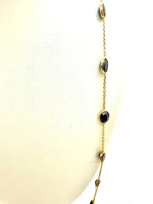 7.80 Carat Oval Blue Sapphire Station Chain Necklace in 18k Solid Yellow Gold