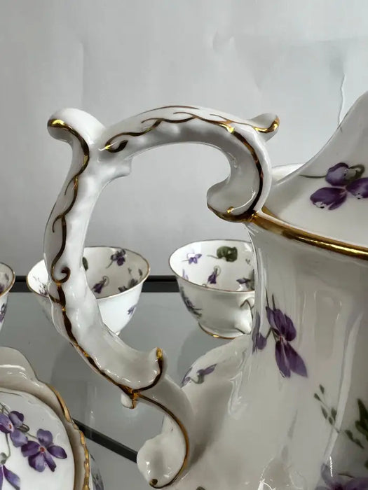 Hammersley “Victorian Violets” English Bone China Tea Set w Gold Trim, 15 pcs