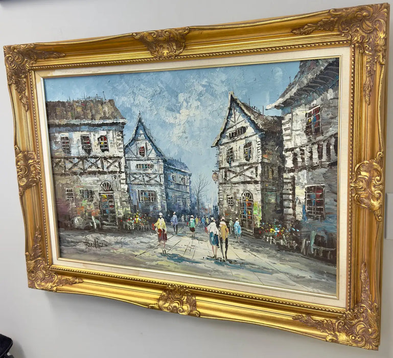 Impressionistic Oil on Canvas Painting of European Street Scene by L.I. Bernard