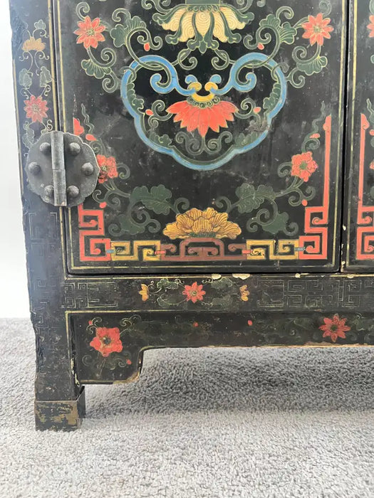 Vintage Asian Black Lacquered Cabinet or Chest with Hand-Painted Floral Motif