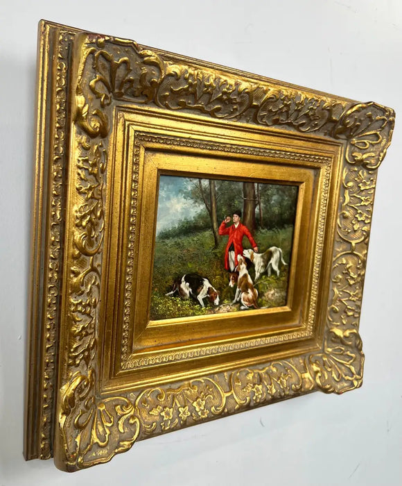 English Sporting Style Oil Painting, Huntsman & Hounds, Ornate Gilt Frame 1980's