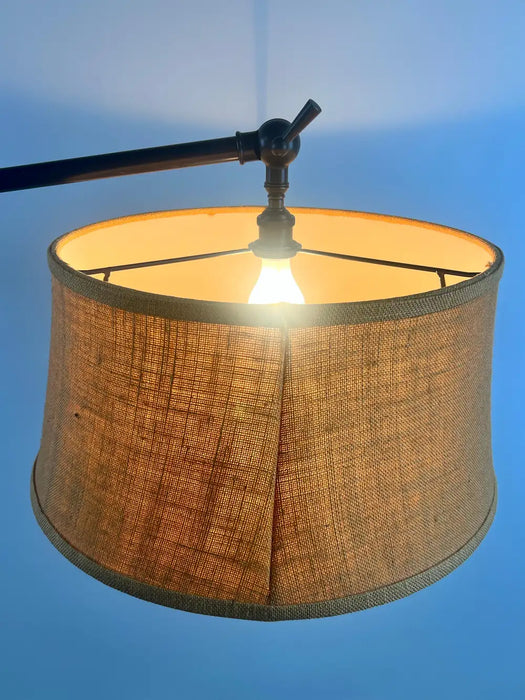 Industrial Style Adjustable Cantilever Arm Floor Lamp with Burlap Drum Shade