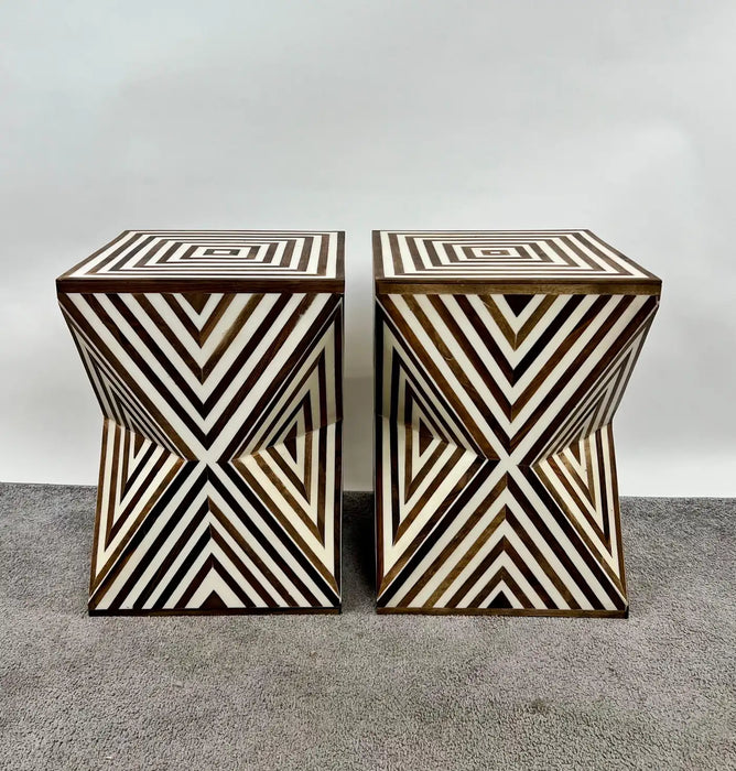Art Deco Style Sculptural White & walnut Resin Side or End Table, a Pair