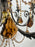 French Rococo Revival Bronzed Chandelier with Amber Glass Drops, 6 Arms
