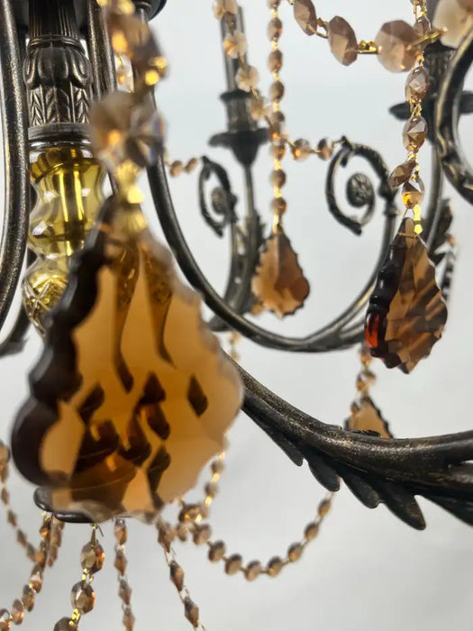 French Rococo Revival Bronzed Chandelier with Amber Glass Drops, 6 Arms